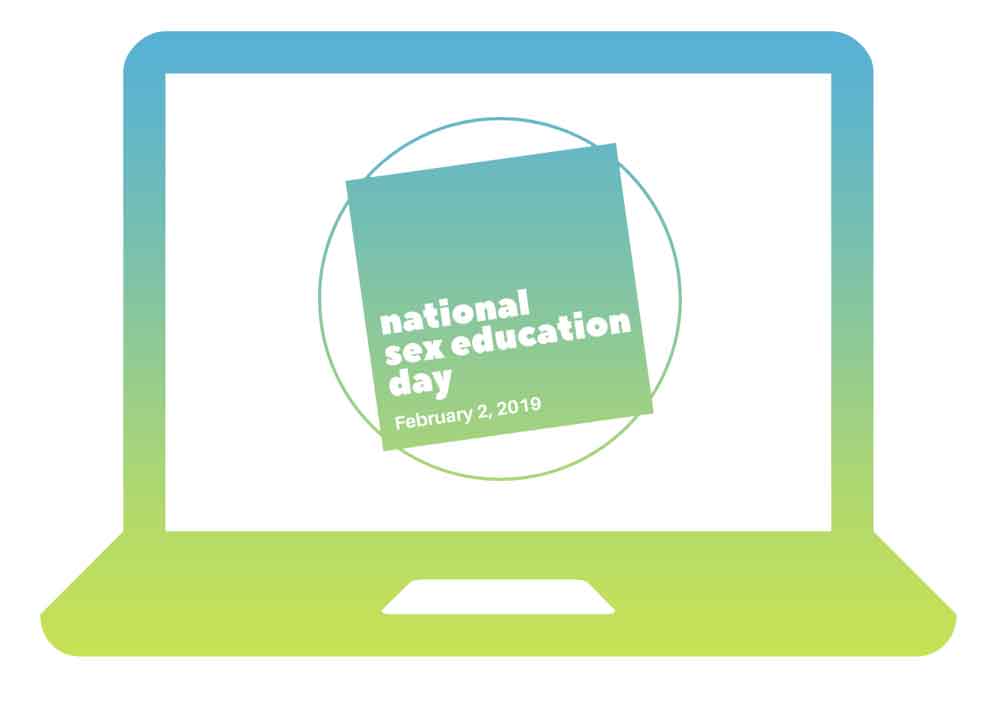 Computer monitor with "National Sex Education Day" written on it.